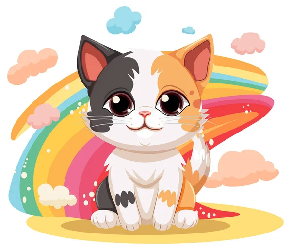 Nette Katze Cartoon Figur Mit Regenbogen Isoliert Illustration — Stockvektor