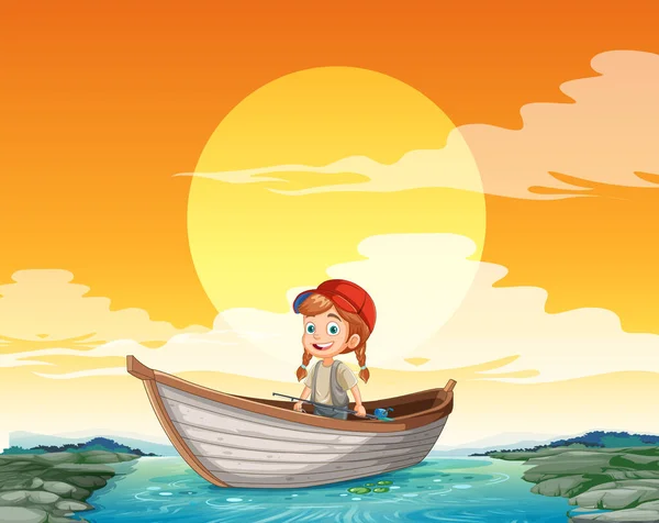 Fisherman Fishing Sunset Illustration — Stock Vector
