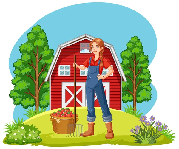 Granja Escena Con Agricultor Mujer Carácter Ilustración — Vector de stock