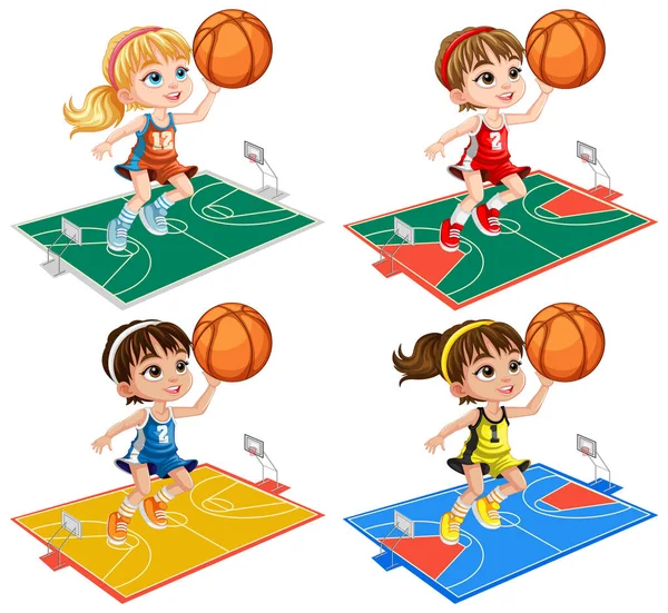 Basketbol Oynayan Farklı Kızlar Koleksiyonu — Stok Vektör