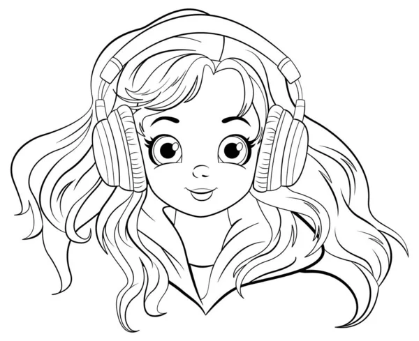 Doodle Menina Desenho Animado Usando Fone Ouvido Ilustração — Vetor de Stock
