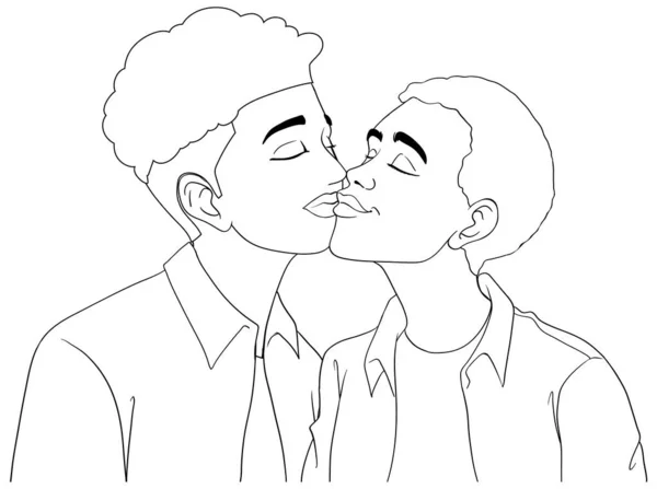 Gay Paar Cartoon Zoenen Overzicht Doodle Illustratie — Stockvector