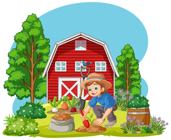 Farm Scene Girl Planting Vegetable Illustration — Stock Vector