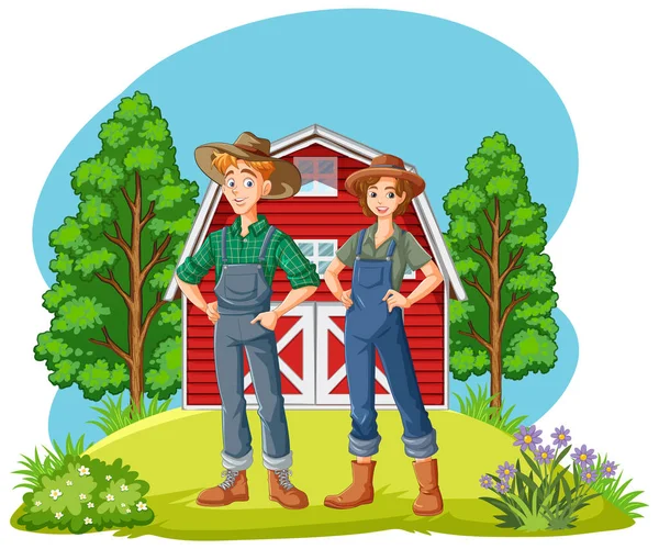 Farmer Couple Farm Scene Illustration — Stock Vector