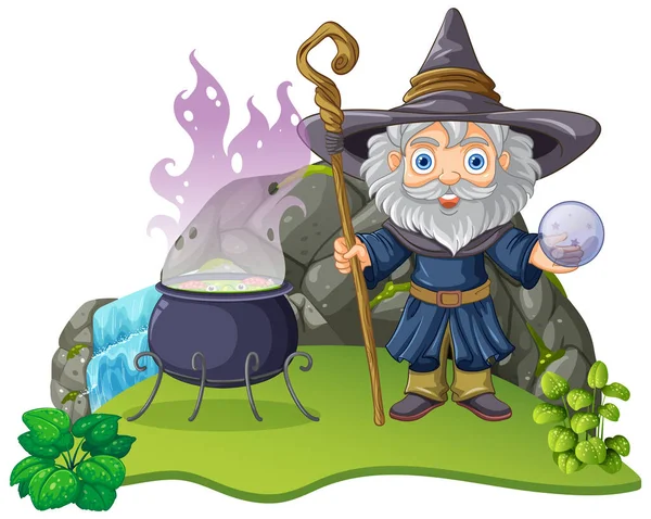 Wizard Cartoon Character Potion Cauldron Illustration — Stock Vector