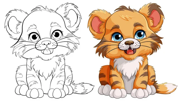 Cute Baby Tiger Cartoon Character Outline Colouring Illustration — Stock Vector