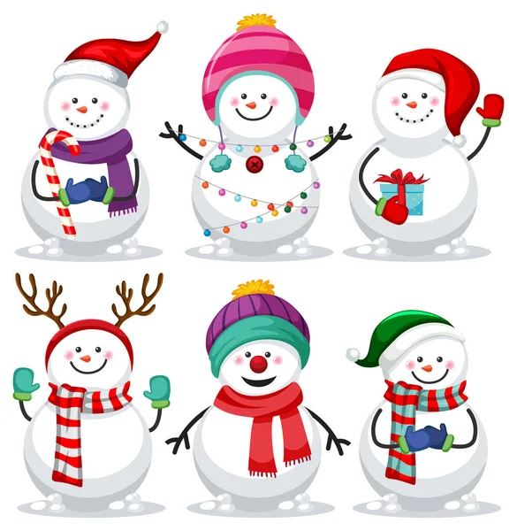 Set Christmas Snowman Cartoon Illustration — Stock Vector