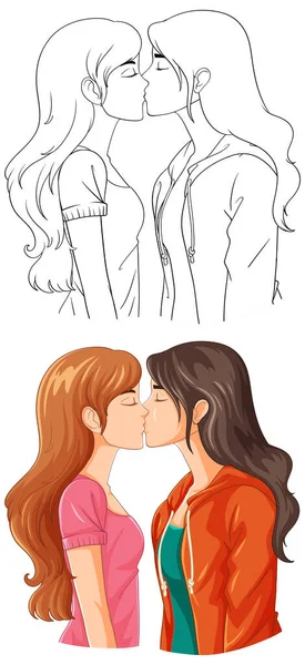 Lesbianas Pareja Dibujos Animados Besos Doodle Esquema Ilustración — Archivo Imágenes Vectoriales