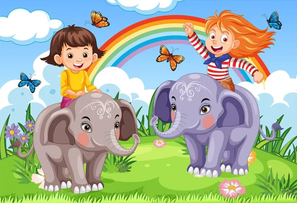 Two Girls Riding Elephants Rainbow Butterfly Illustration — Stock Vector