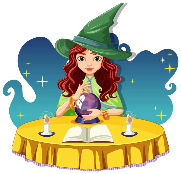 Heks Met Magische Spreuk Cartoon Illustratie — Stockvector
