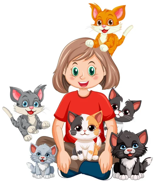 Uma Menina Com Seus Gatos Ilustração Estilo Cartoon — Vetor de Stock