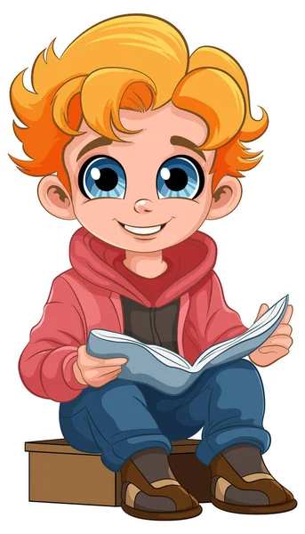 Boy Sitting Reading Book Illustration — Stock Vector
