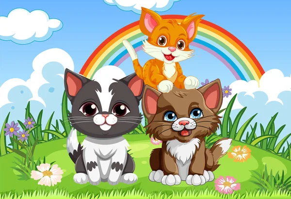 Meadow插图中可爱的小猫 — 图库矢量图片