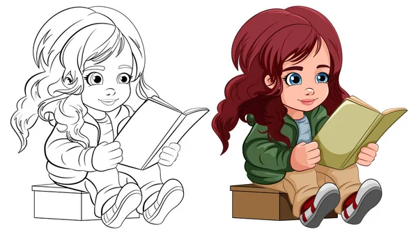 Menina Livro Leitura Desenhos Animados Isolado Sua Ilustração Esboço Doodle —  Vetores de Stock