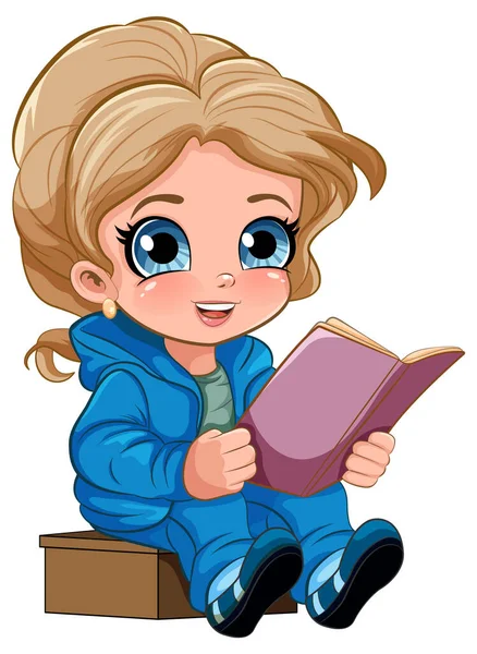 可爱的女孩阅读书籍卡通人物插图 — 图库矢量图片