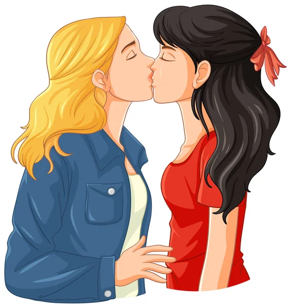 Lesbijki Para Kreskówka Całowanie Ilustracja — Wektor stockowy