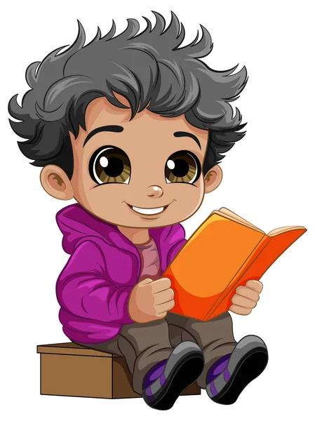 可爱的男孩阅读书籍卡通人物插图 — 图库矢量图片