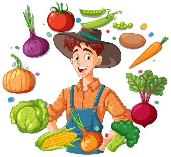 Hombre Agricultor Alrededor Con Verduras Frutas Ilustración — Vector de stock