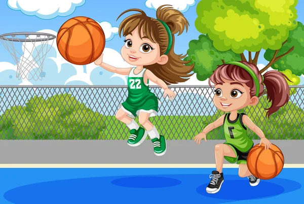 Twee Meisjes Spelen Basketbal Illustratie — Stockvector