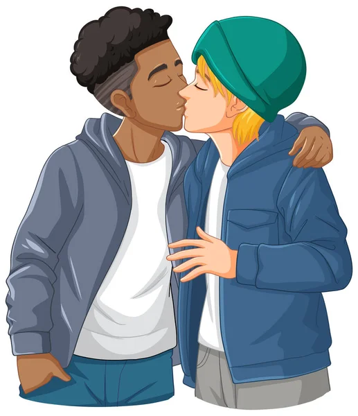 Gay Casal Cartoon Beijos Ilustração — Vetor de Stock