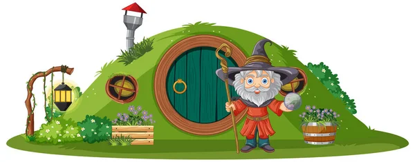 Trollkarl Står Framför Hobbit Hus Illustration — Stock vektor