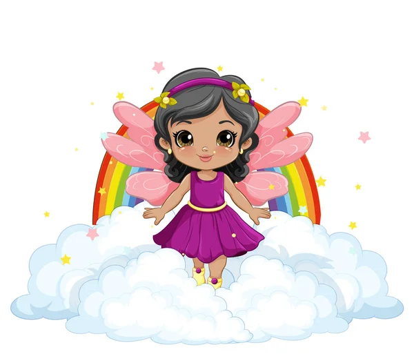 Fairy Girl Standing Cloud Rainbow Background Illustration — Stock Vector