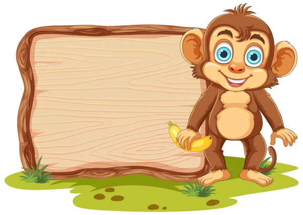 Roztomilá Opice Prázdnou Dřevěnou Deskou Ilustrace — Stockový vektor