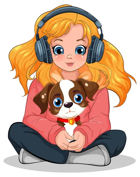 Dziewczyna Gospodarstwa Pet Siedzi Podłodze Słuchając Muzyki Słuchawkami Ilustracji — Wektor stockowy