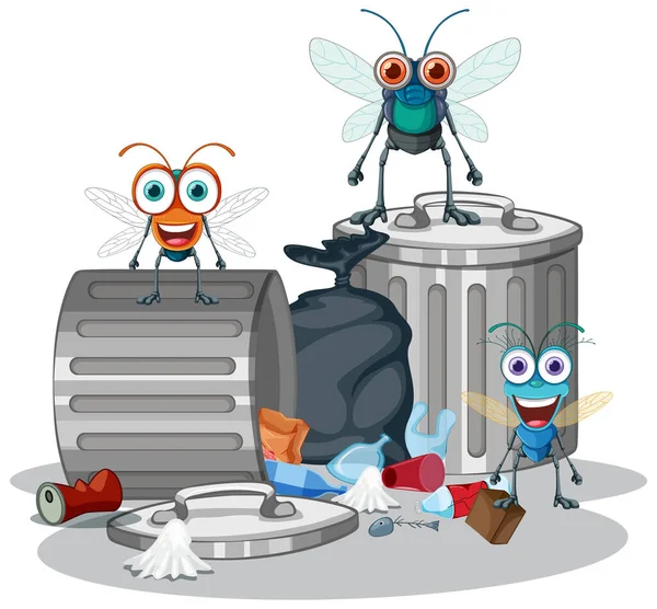 Fliegen Und Müll Cartoon Illustration — Stockvektor