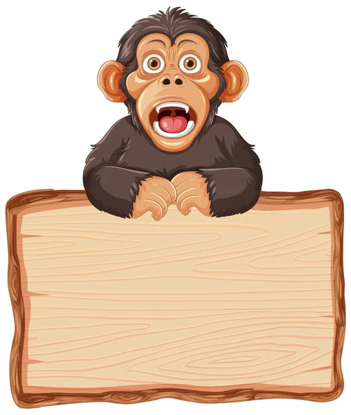 木の看板イラストでかわいい猿 — ストックベクタ