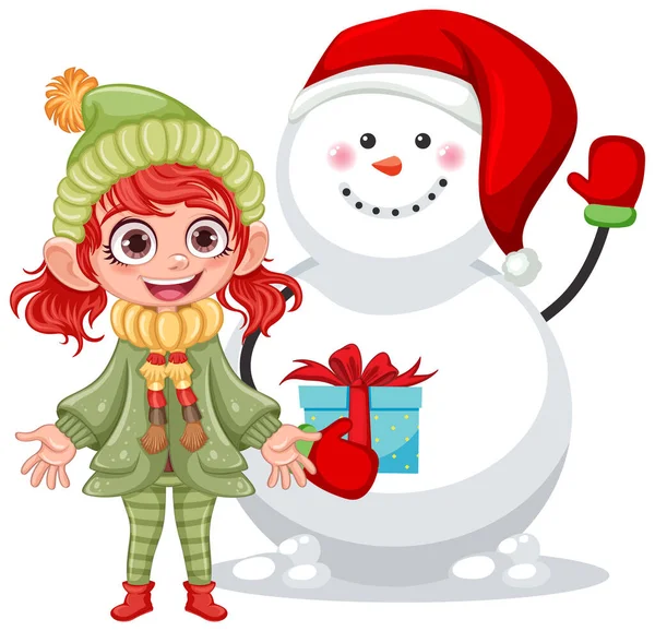 Happy Girl Snowman Illustration — Stock Vector