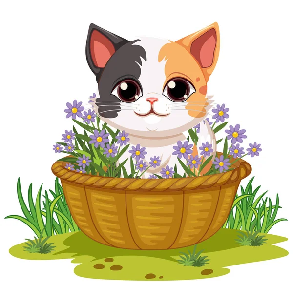 Çiçek Sepetindeki Şirin Kedi Çizimi — Stok Vektör