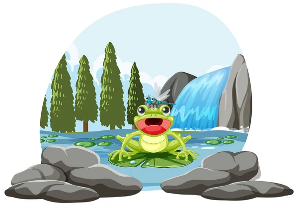 Frog Waterfall Cartoon Style Illustration — Stock Vector