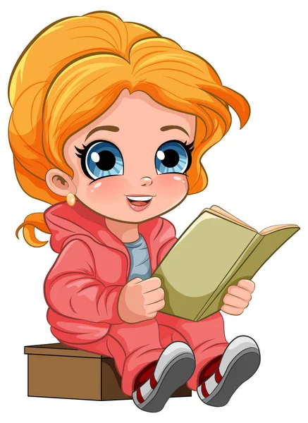 可爱的女孩阅读书籍卡通人物插图 — 图库矢量图片