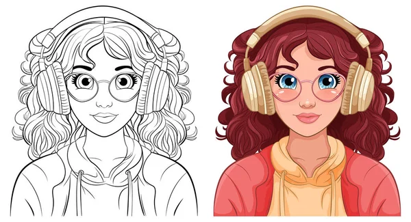 Vrouw Portret Dragen Headset Luisteren Naar Muziek Illustratie — Stockvector