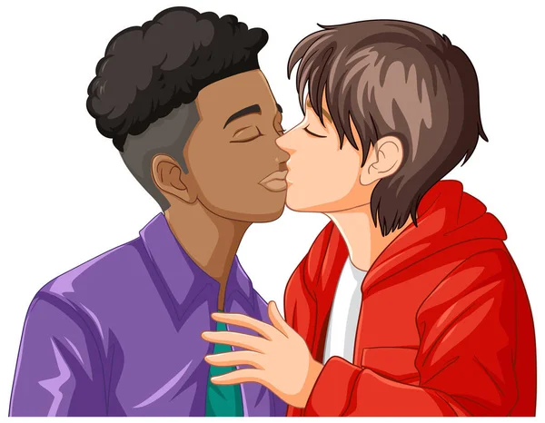 Interrazziale Gay Coppia Baci Cartoni Animati Illustrazione — Vettoriale Stock
