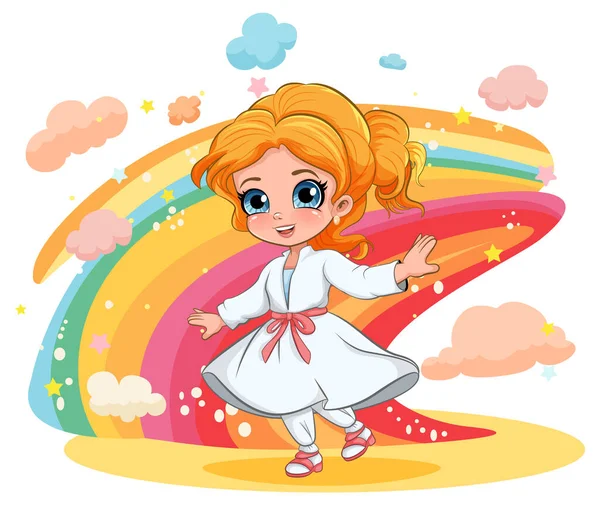 Schattig Meisje Dragen Jurk Regenboog Achtergrond Illustratie — Stockvector