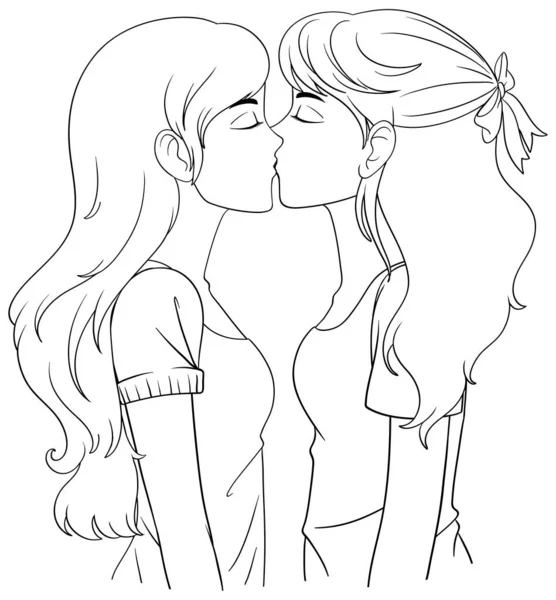 Lésbicas Casal Desenho Animado Beijos Esboço Doodle Ilustração —  Vetores de Stock
