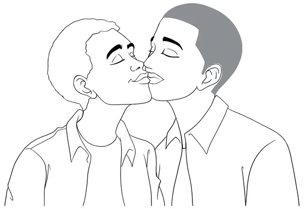 Gay Ζευγάρι Κινούμενα Σχέδια Φιλιά Περίγραμμα Doodle Εικόνα — Διανυσματικό Αρχείο