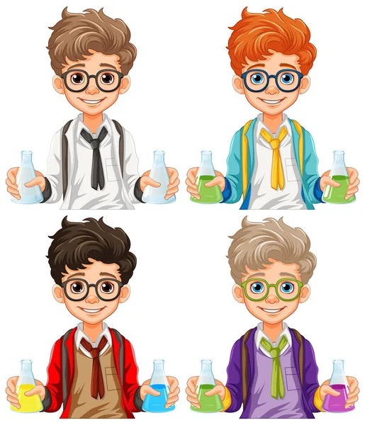 Male Student Cartoon Holding Conical Flask Science Class Experiment Illustration — Stock Vector