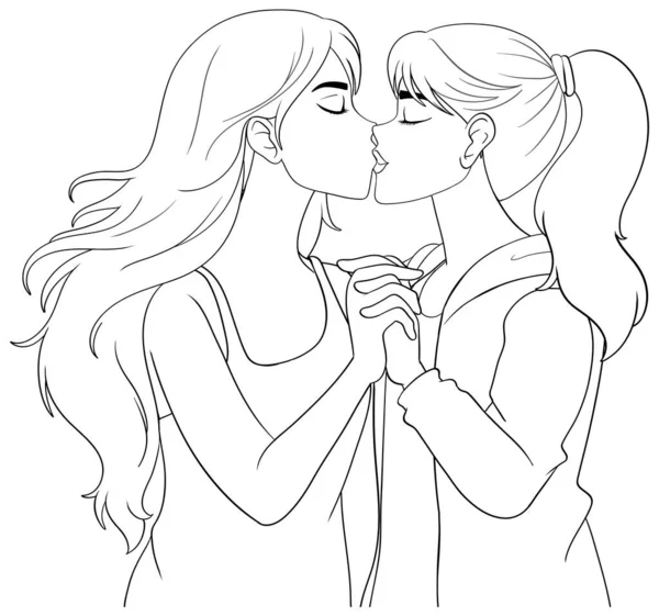 Pasangan Lesbian Mencium Gambar Kartun Yang Terisolasi - Stok Vektor