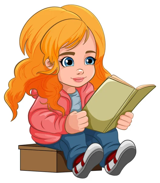 Chica Dibujos Animados Libro Lectura Ilustración Aislada — Vector de stock