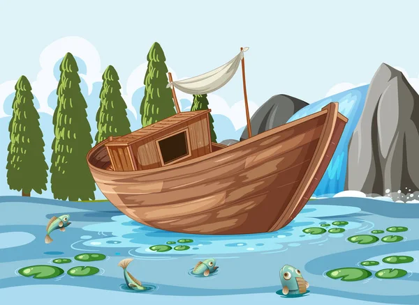 Pond Scene Wooden Boat — 스톡 벡터
