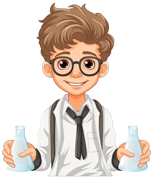 Mannelijke Student Cartoon Met Conische Fles Science Class Experiment Illustratie — Stockvector