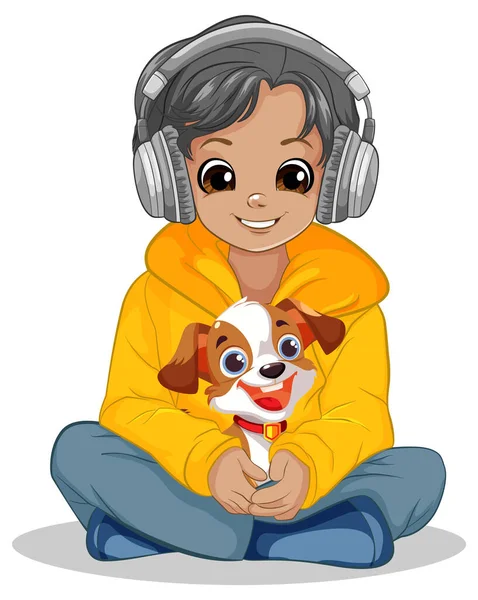 男孩抱着宠物坐在地板上 用耳机插画听音乐 — 图库矢量图片