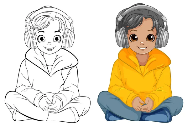 Αγόρι Κάθεται Στο Πάτωμα Ακούγοντας Μουσική Ακουστικά Και Doodle Εικονογράφηση — Διανυσματικό Αρχείο