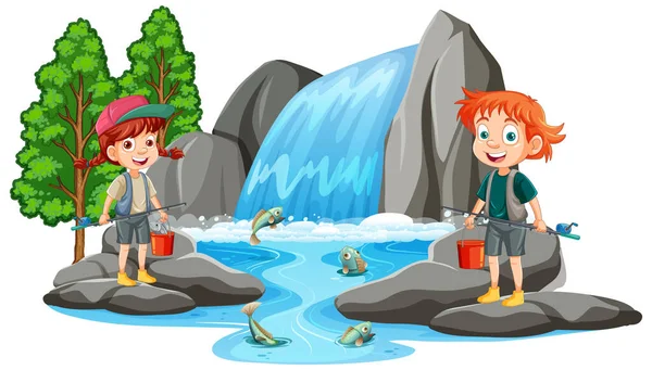 瀑布场景中的两个孩子的例子 — 图库矢量图片