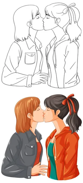 Lesbian Couple Kissing Doodle Outline Illustration — Stock Vector