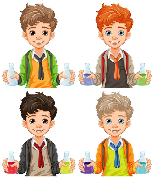 Male Student Cartoon Holding Conical Flask Science Class Experiment Illustration — Stock Vector