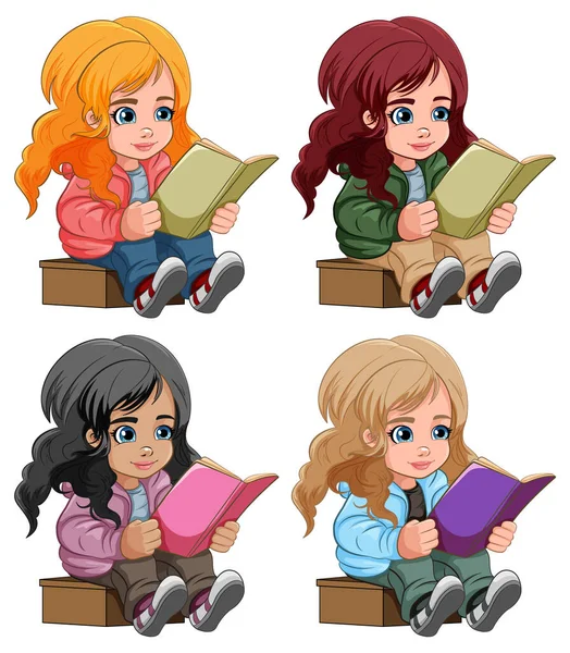 Yerde Oturmuş Kitap Okuyan Bir Kız Grubu — Stok Vektör